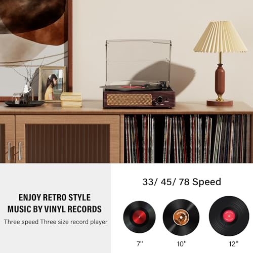 cotsoco Vinyl Record Player with 2 Stereo Speakers Belt-Driven Vintage Turntables 3 Speed 3 Size Wireless Bluetooth Playback AUX-in RCA Out Headphone LP Vinyl Players Auto Stop Fashion White - Image 4