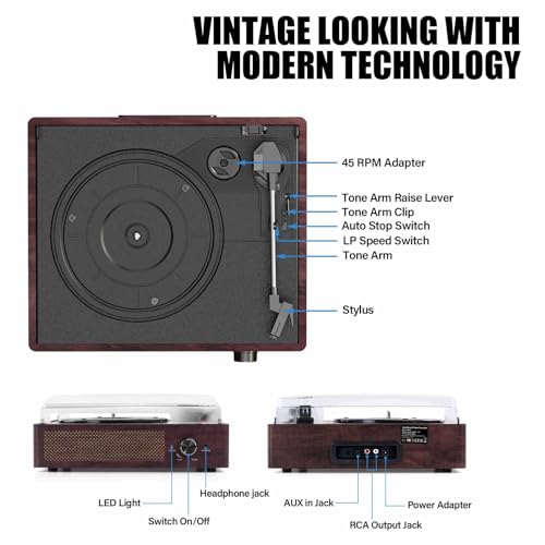 cotsoco Vinyl Record Player with 2 Stereo Speakers Belt-Driven Vintage Turntables 3 Speed 3 Size Wireless Bluetooth Playback AUX-in RCA Out Headphone LP Vinyl Players Auto Stop Fashion White - Image 2