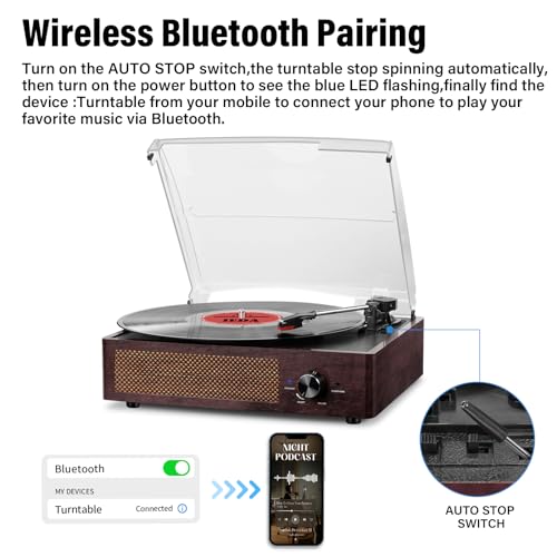 cotsoco Vinyl Record Player with 2 Stereo Speakers Belt-Driven Vintage Turntables 3 Speed 3 Size Wireless Bluetooth Playback AUX-in RCA Out Headphone LP Vinyl Players Auto Stop Fashion White - Image 3