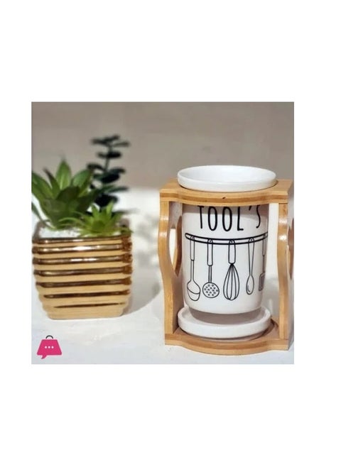 Decorative Kitchen Utensil Holder, Porcelain Container with Heart-Shaped Bamboo Stand (White Assorted Shape)