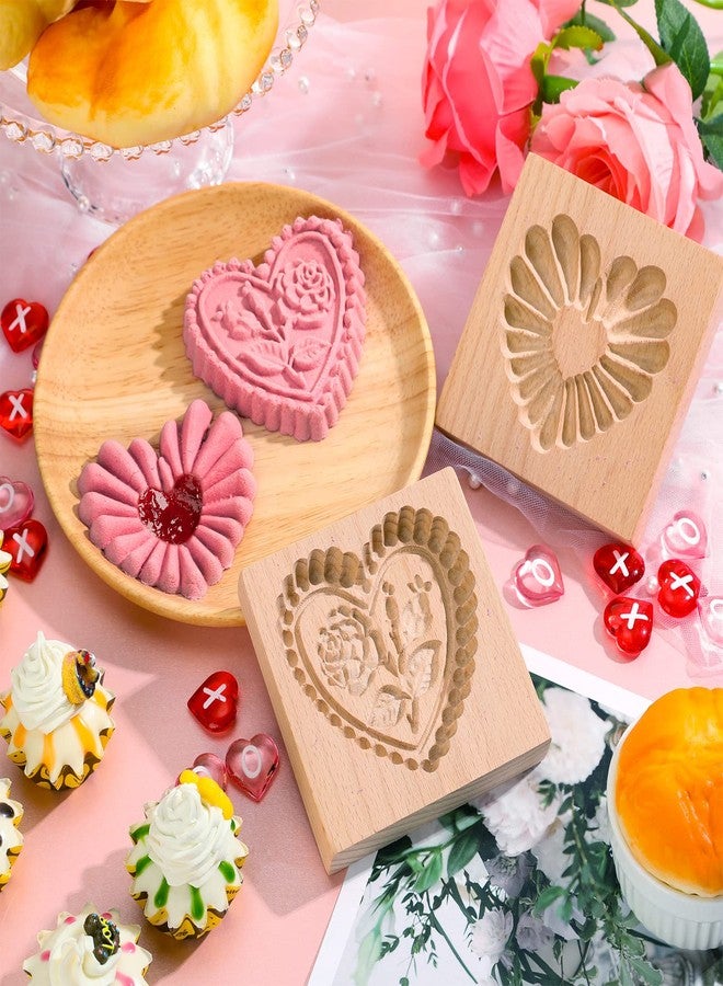 مينبلان قالب بسكويت خشبي منحوت من مينبلان، قالب ختم وختم بسكويت ثلاثي الأبعاد على شكل قلب، قالب بسكويت خشبي على شكل وردة لعيد الميلاد، أدوات خبز يدوية (قلب وردة) - Image 4