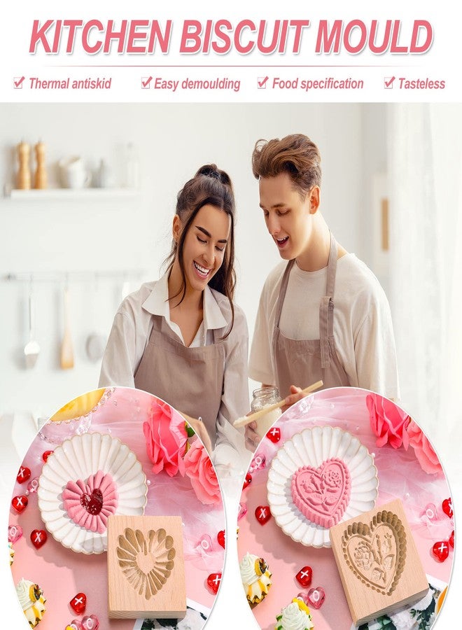 مينبلان قالب بسكويت خشبي منحوت من مينبلان، قالب ختم وختم بسكويت ثلاثي الأبعاد على شكل قلب، قالب بسكويت خشبي على شكل وردة لعيد الميلاد، أدوات خبز يدوية (قلب وردة) - Image 3