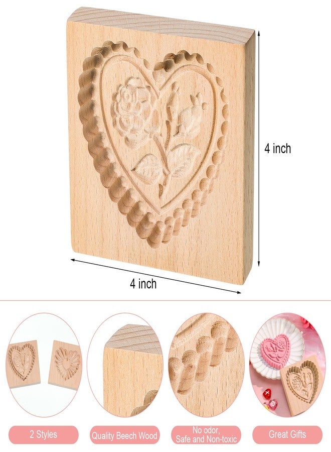 مينبلان قالب بسكويت خشبي منحوت من مينبلان، قالب ختم وختم بسكويت ثلاثي الأبعاد على شكل قلب، قالب بسكويت خشبي على شكل وردة لعيد الميلاد، أدوات خبز يدوية (قلب وردة) - Image 2