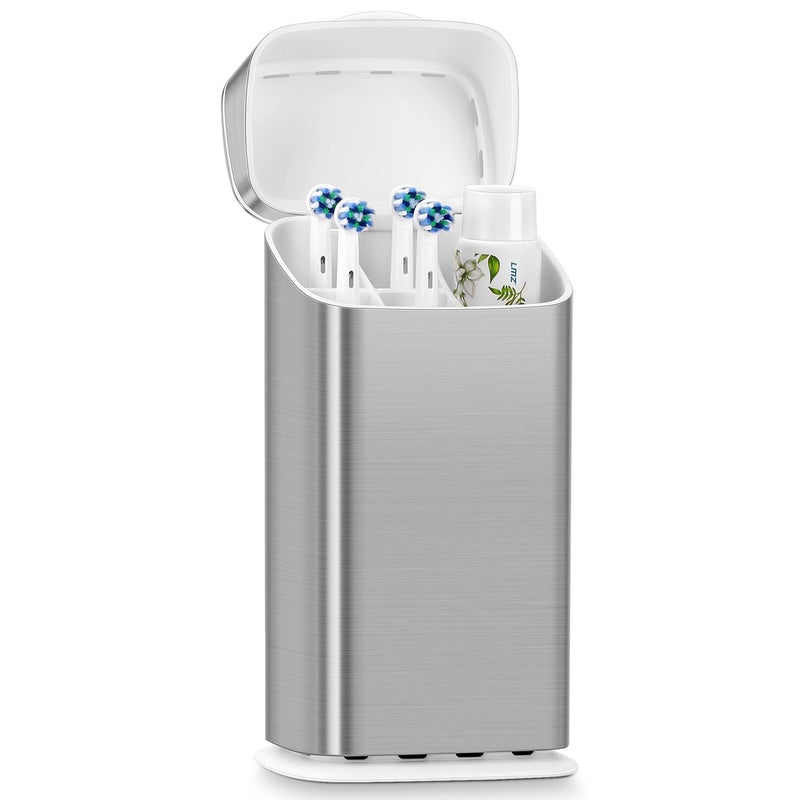 GFWARE Toothbrush Holders with Cover - Electric Toothbrush Length Less Than 9 inches, 5 Slots Tooth Brush Holder for Bathroom, Detachable Toothpaste Holder Bathroom Organizers with Drainage, Silver - Image 1