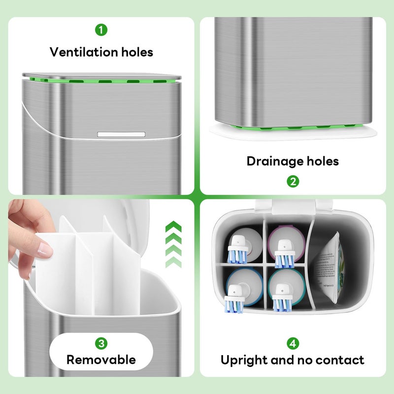 GFWARE Toothbrush Holders with Cover - Electric Toothbrush Length Less Than 9 inches, 5 Slots Tooth Brush Holder for Bathroom, Detachable Toothpaste Holder Bathroom Organizers with Drainage, Silver - Image 5