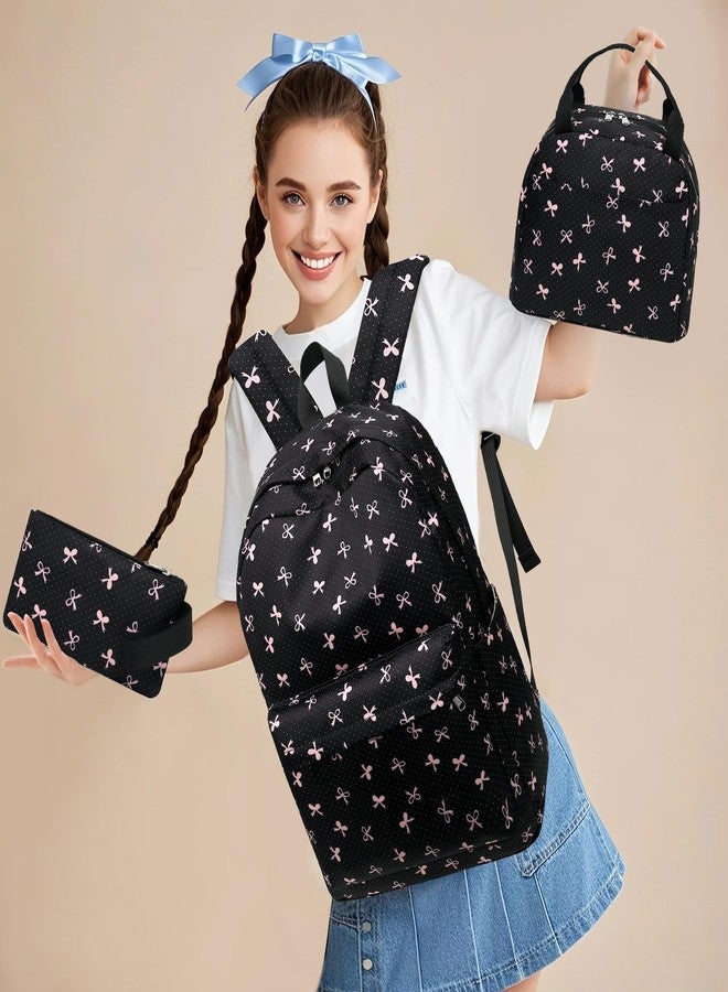 LEDAOU Backpack for Girls School Bag Kids Bookbag Teen Backpack Set Daypack with Lunch Bag and Pencil Case, Black-bow Tie, Classic - Image 2