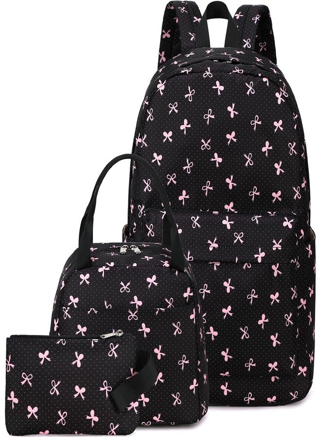 LEDAOU Backpack for Girls School Bag Kids Bookbag Teen Backpack Set Daypack with Lunch Bag and Pencil Case, Black-bow Tie, Classic - Image 1