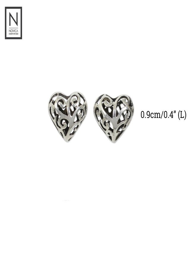 نوفيكا أقراط نوفيكا المصنوعة يدويًا من الفضة الإسترلينية على شكل قلب، مرصعة بدبابيس فضية مزخرفة، تايلاند [0.4 بوصة طول × 0.4 بوصة عرض] "حب مزخرف" - Image 3