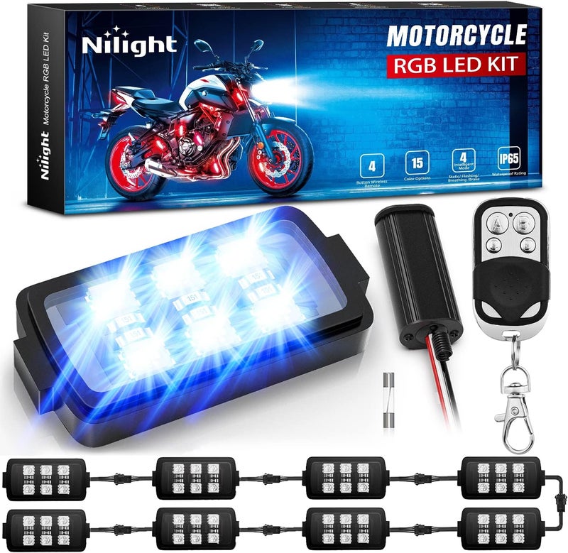 Nilight 8pcs Motorcycle RGB LED Strip Lights Kit Multi-Color Neon Waterproof Atmosphere Lights with RF Wireless Smart Remote Controllers for Harley Davidson Suzuki,2 Years Warranty - Image 1