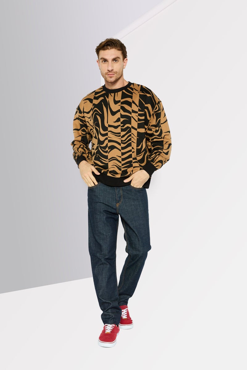 Men Crew Neck Long Sleeve All Over Printed Sweatshirt, Black