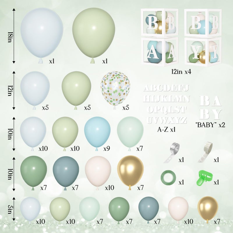 Amandir 153Pcs Dusty Blue Green Balloons Baby Shower Decorations, Haze Fog Blue Mist Sage Green Balloon Arch Kit Baby Boxes with Letters (A-Z+Baby) for Baby Shower Boho Birthday Gender Reveal Party Supplies - Image 2