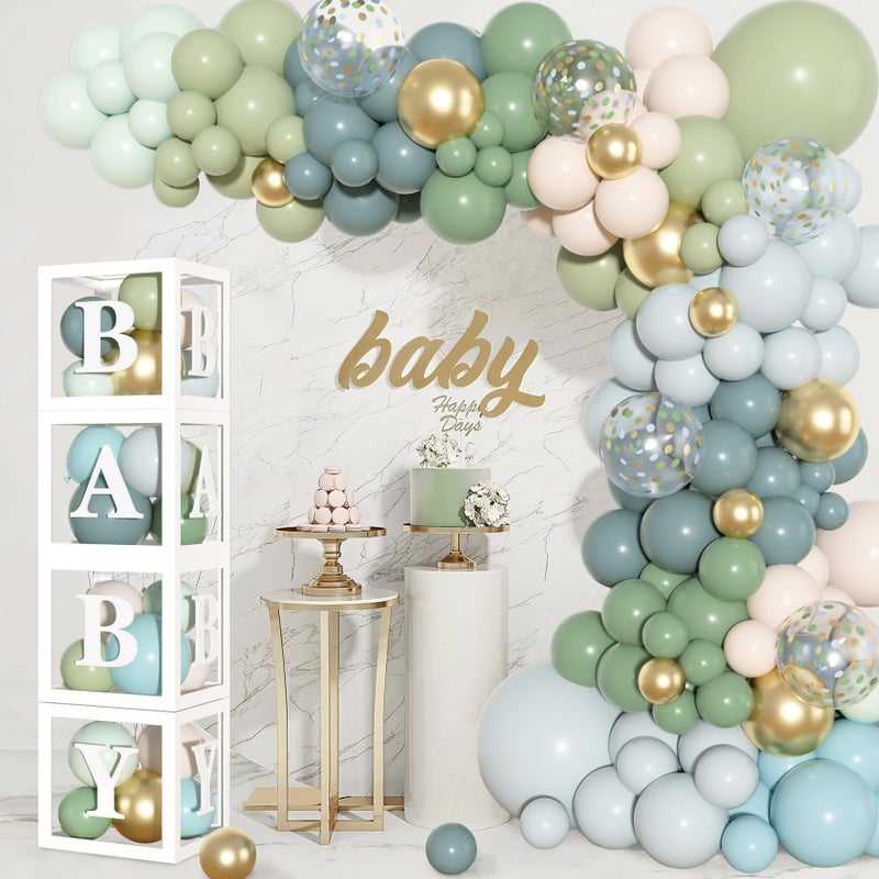 Amandir 153Pcs Dusty Blue Green Balloons Baby Shower Decorations, Haze Fog Blue Mist Sage Green Balloon Arch Kit Baby Boxes with Letters (A-Z+Baby) for Baby Shower Boho Birthday Gender Reveal Party Supplies - Image 5