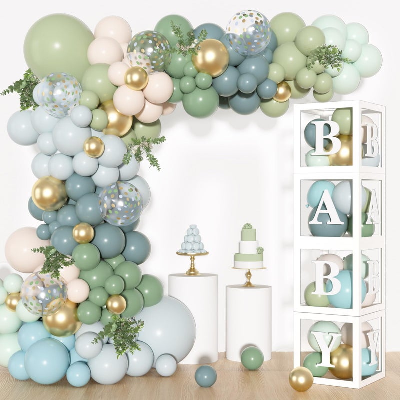 Amandir 153Pcs Dusty Blue Green Balloons Baby Shower Decorations, Haze Fog Blue Mist Sage Green Balloon Arch Kit Baby Boxes with Letters (A-Z+Baby) for Baby Shower Boho Birthday Gender Reveal Party Supplies - Image 1