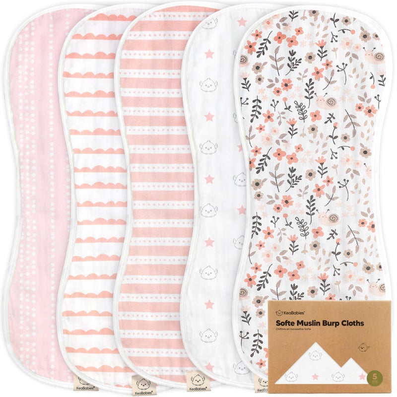 KeaBabies 5-Pack Muslin Burp Cloths Baby Boy, Girl - Very Absorbent Baby Burp Cloth Rags, 8-Layers Viscose Derived from Bamboo Cotton Muslin Towel, Super Soft Spit Up Rags, No Shrink Washcloths (Sweet Charm) - Image 1