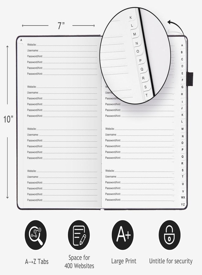 JUBTIC Password Book with Individual Alphabetical Tabs, 7"x10" Internet Password Keeper Book for Seniors, Password Notebook and Organizer/Notes Section, Black - Image 2