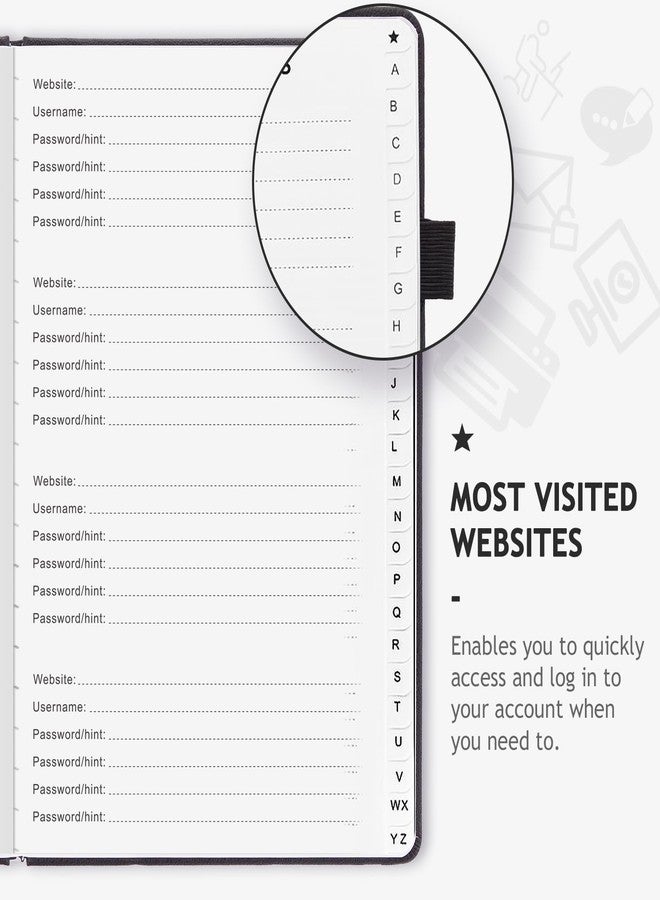 JUBTIC Password Book with Individual Alphabetical Tabs, 7"x10" Internet Password Keeper Book for Seniors, Password Notebook and Organizer/Notes Section, Black - Image 3