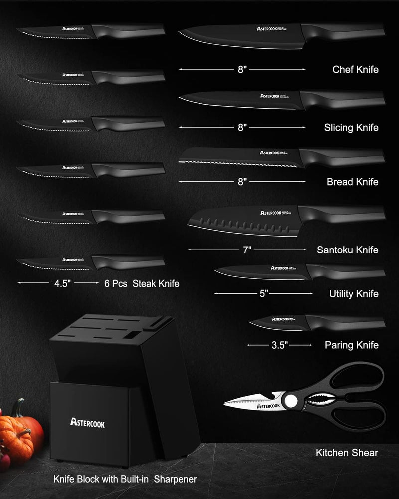 Astercook Knife Set, Kitchen Knife Set with Built-in Sharpener Block, Dishwasher Safe, 15 Pieces German Stainless Steel Knife Block Set, Black - Image 2