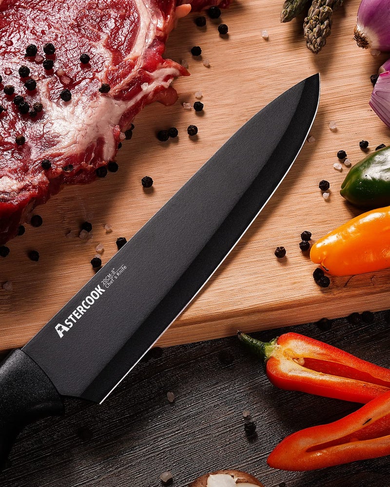 Astercook Knife Set, Kitchen Knife Set with Built-in Sharpener Block, Dishwasher Safe, 15 Pieces German Stainless Steel Knife Block Set, Black - Image 5