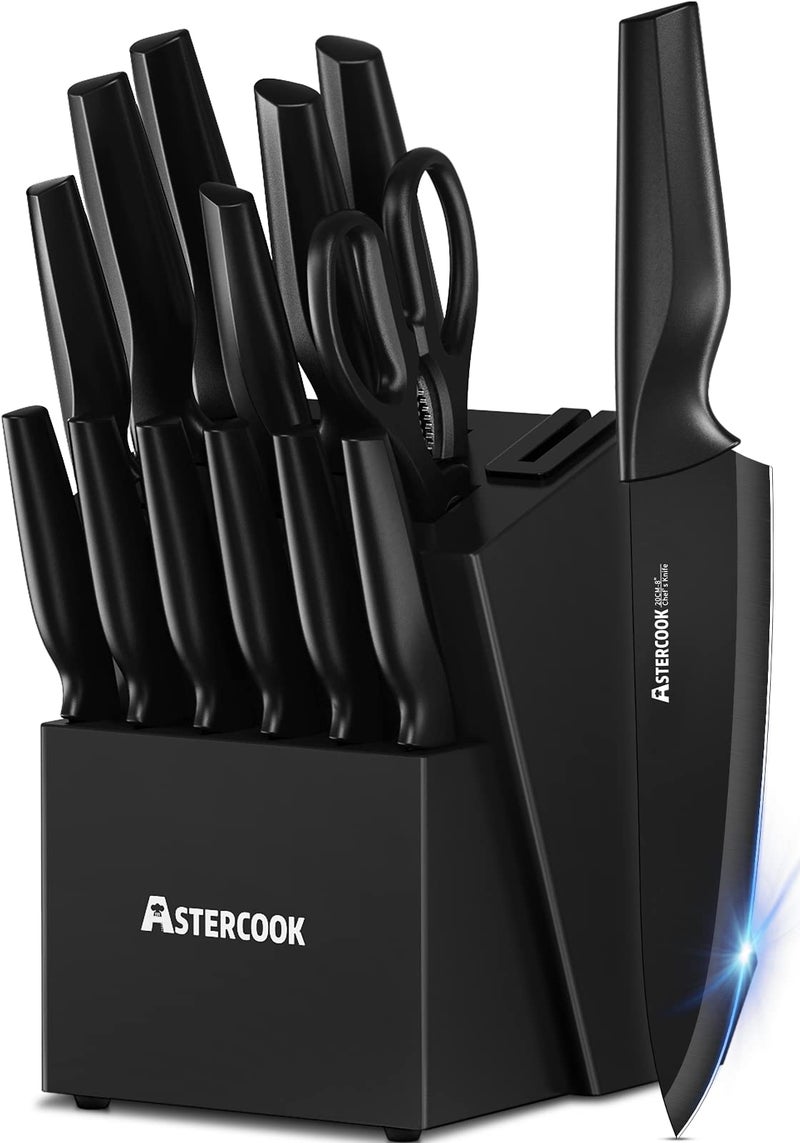 Astercook Knife Set, Kitchen Knife Set with Built-in Sharpener Block, Dishwasher Safe, 15 Pieces German Stainless Steel Knife Block Set, Black - Image 1