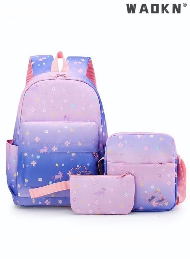 WAOKN 3pcs Printed Graphic Cute Functional Backpack Set Large Capacity Schoolbag and Shoulder Bag and Pencil Case Backpack Casual Daypacks for Kids/Girls Dark Purple/Pink - Image 1