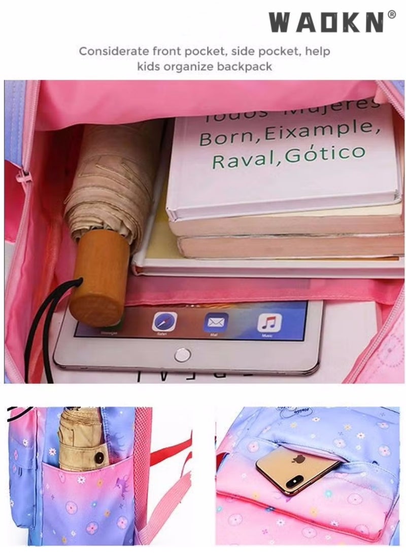 WAOKN 3pcs Printed Graphic Cute Functional Backpack Set Large Capacity Schoolbag and Shoulder Bag and Pencil Case Backpack Casual Daypacks for Kids/Girls Dark Purple/Pink - Image 5