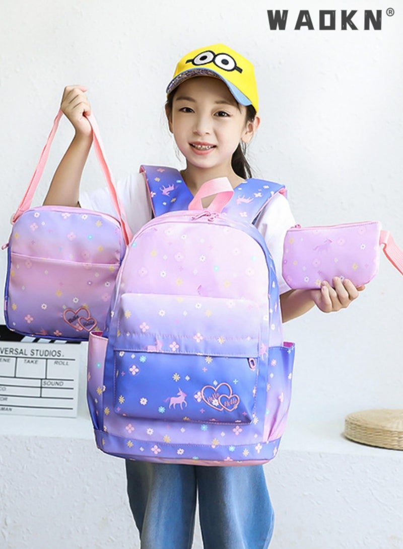 WAOKN 3pcs Printed Graphic Cute Functional Backpack Set Large Capacity Schoolbag and Shoulder Bag and Pencil Case Backpack Casual Daypacks for Kids/Girls Dark Purple/Pink - Image 2