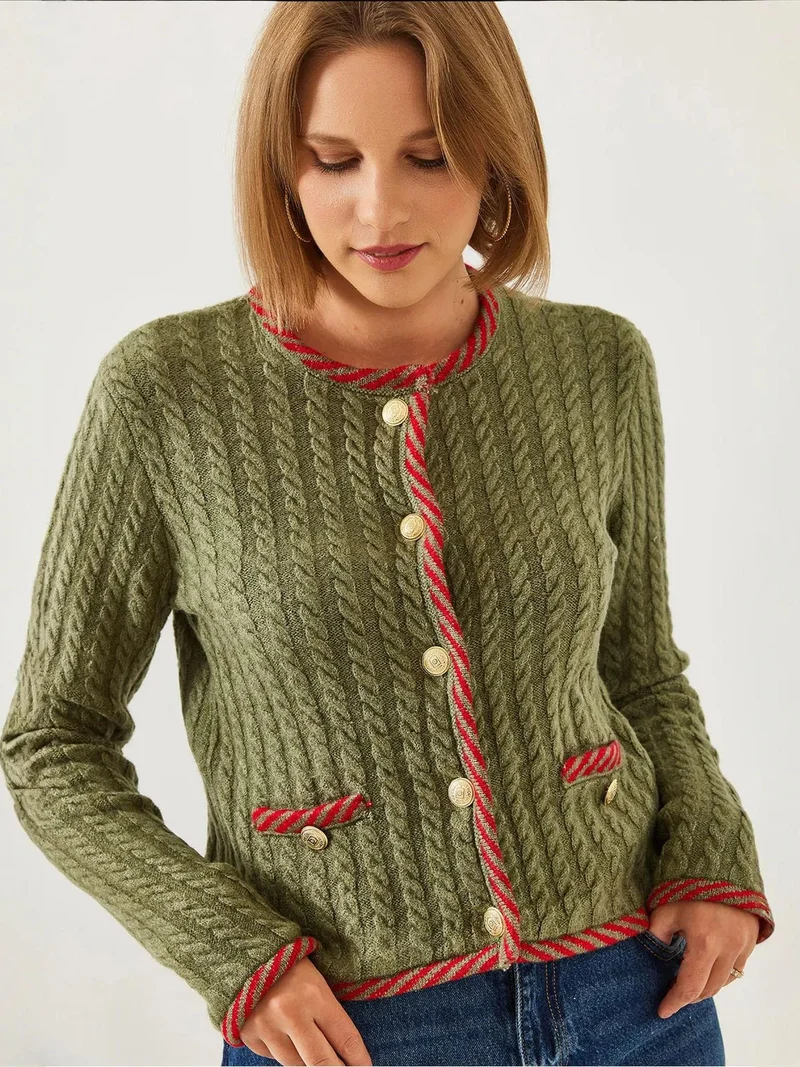 Bianco Lucci LUCCI Textured Knitwear Cardigan with Button Closure and Pockets