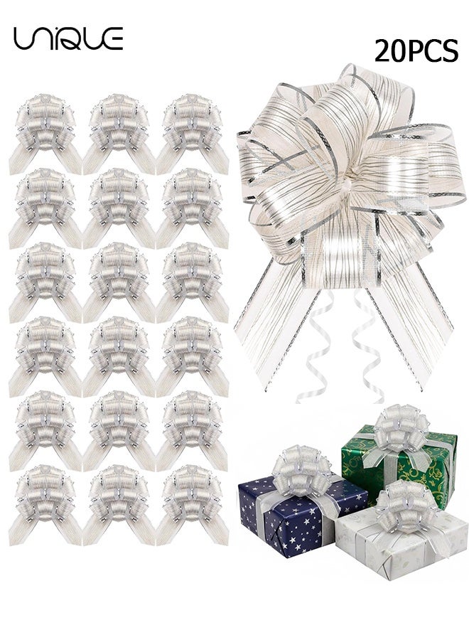 Unique 20 Pieces Pull Bow Wrapping - Ribbon Pull Bows, for Wedding Baskets, Multicolor Ribbon Bow to Wrap Box or Floral Decoration, 6 Inches Diameter (Silver) - Image 1