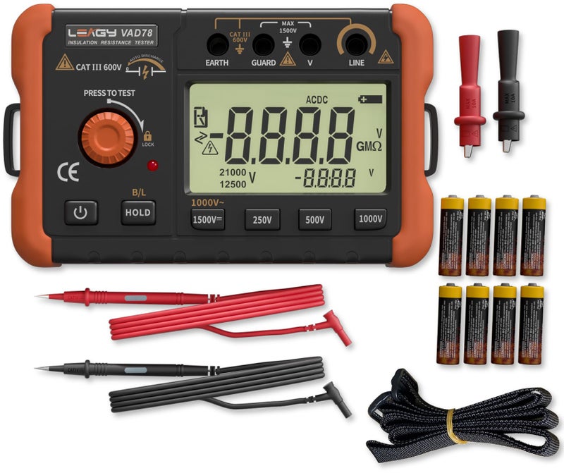 LEAGY VAD78 Digital Insulation Resistance Tester - Accurate Megohm Meter for DC/AC Voltage Testing (20-1500V, 20-750V) and Resistance Measurement (0-5000 Megohms) - Image 1
