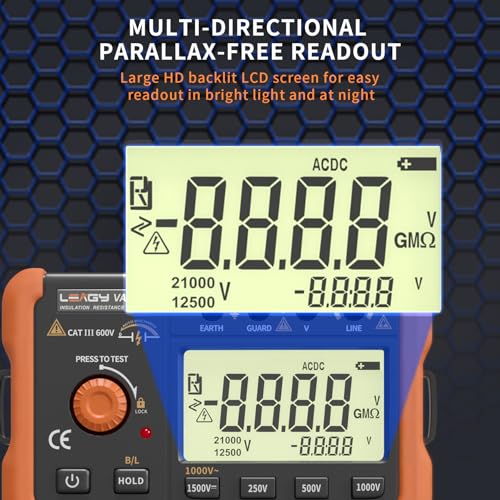 LEAGY VAD78 Digital Insulation Resistance Tester - Accurate Megohm Meter for DC/AC Voltage Testing (20-1500V, 20-750V) and Resistance Measurement (0-5000 Megohms) - Image 3