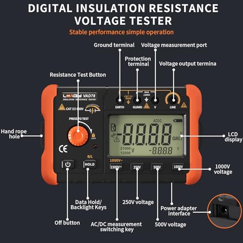 LEAGY VAD78 Digital Insulation Resistance Tester - Accurate Megohm Meter for DC/AC Voltage Testing (20-1500V, 20-750V) and Resistance Measurement (0-5000 Megohms) - Image 2