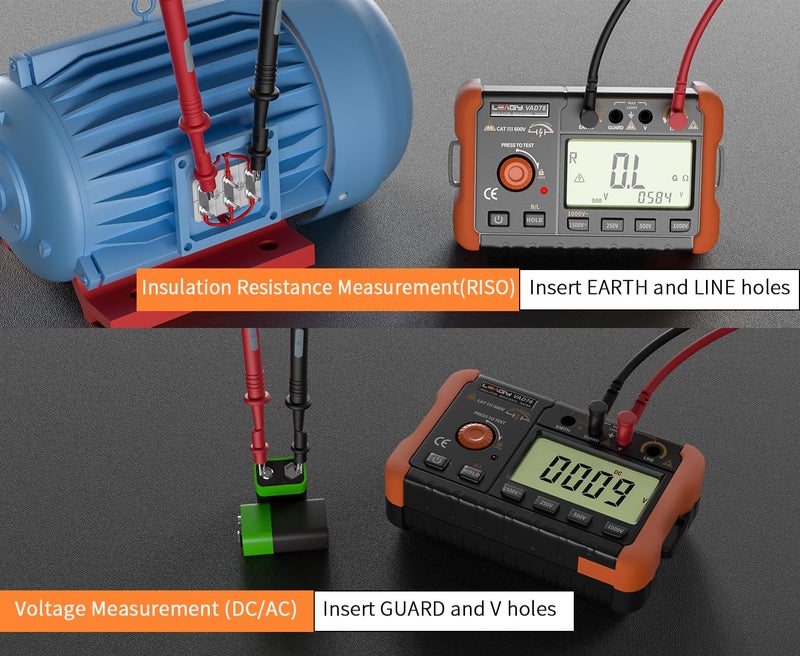LEAGY VAD78 Digital Insulation Resistance Tester - Accurate Megohm Meter for DC/AC Voltage Testing (20-1500V, 20-750V) and Resistance Measurement (0-5000 Megohms) - Image 4