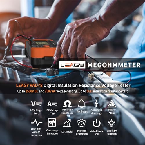 LEAGY VAD78 Digital Insulation Resistance Tester - Accurate Megohm Meter for DC/AC Voltage Testing (20-1500V, 20-750V) and Resistance Measurement (0-5000 Megohms) - Image 5