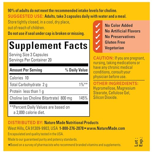 Nature Made Extra Strength Dosage Choline Supplements 800 Mg Per 3 Capsules, Brain Health, Mood, Muscle & Liver Support, Vegetarian, 60 Capsules, 20 Day Supply - Image 5