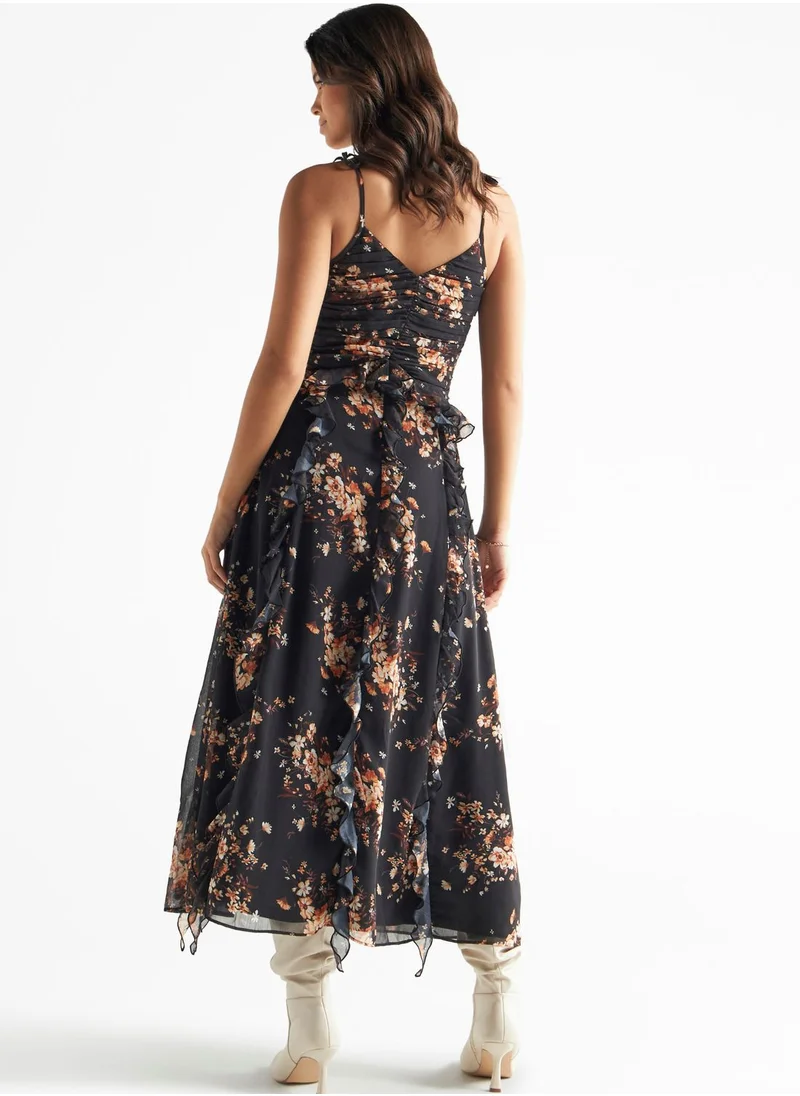 FAV Floral Print Strappy Ruched Dress