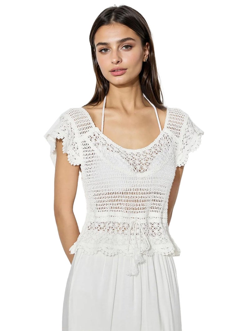 ICW Women Cotton Knitted Short Sleeve Transparent Sheer Crochet Hollow Out Crop Top T-Shirt Bohemian Blouses,Holiday Outfit 455 (in, Alpha, S, Regular, Apricot) - Image 1