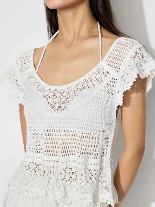 ICW Women Cotton Knitted Short Sleeve Transparent Sheer Crochet Hollow Out Crop Top T-Shirt Bohemian Blouses,Holiday Outfit 455 (in, Alpha, S, Regular, Apricot) - Image 2