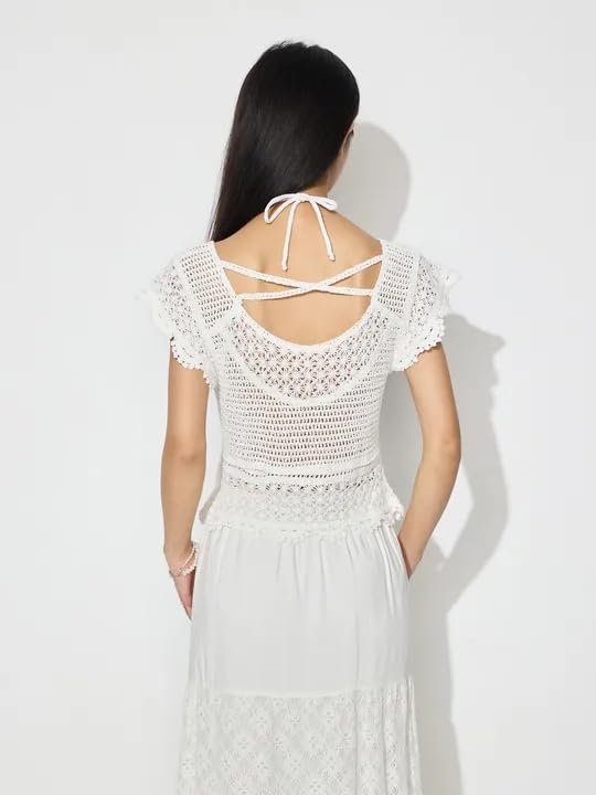 ICW Women Cotton Knitted Short Sleeve Transparent Sheer Crochet Hollow Out Crop Top T-Shirt Bohemian Blouses,Holiday Outfit 455 (in, Alpha, S, Regular, Apricot) - Image 3