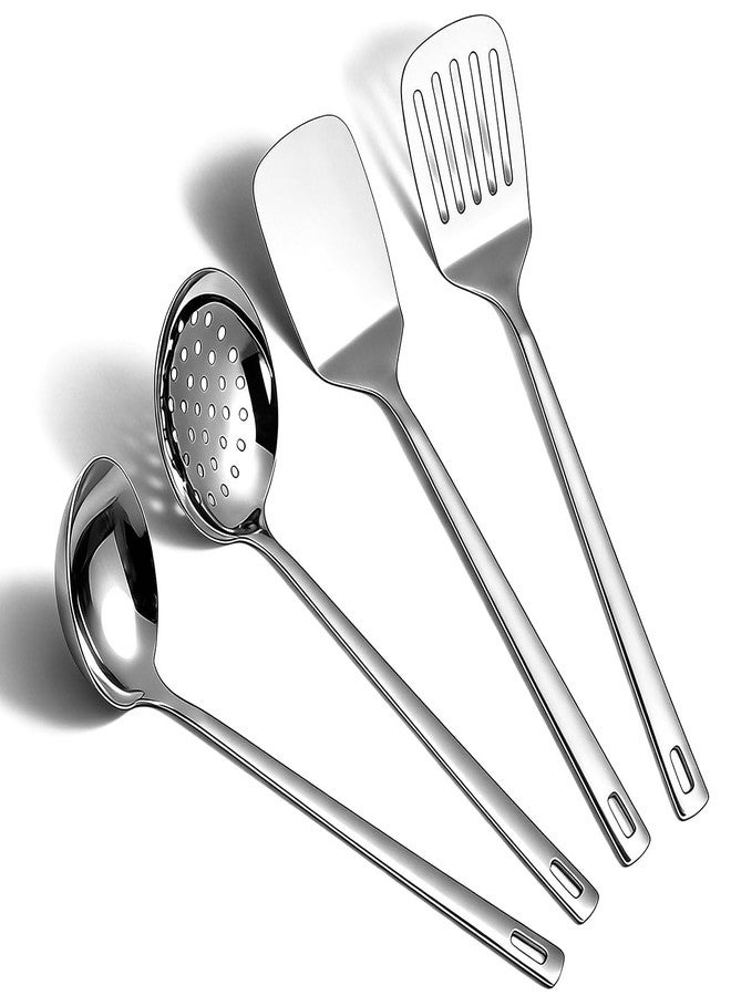 ReaNea Stainless Steel Kitchen Utensils Set, 4-Piece – Slotted Turner, Solid Turner, Skimmer & Ladle – Rust-Resistant, Long Handle, Hanging Loop, Dishwasher Safe – Everyday Cooking & Serving - Image 1