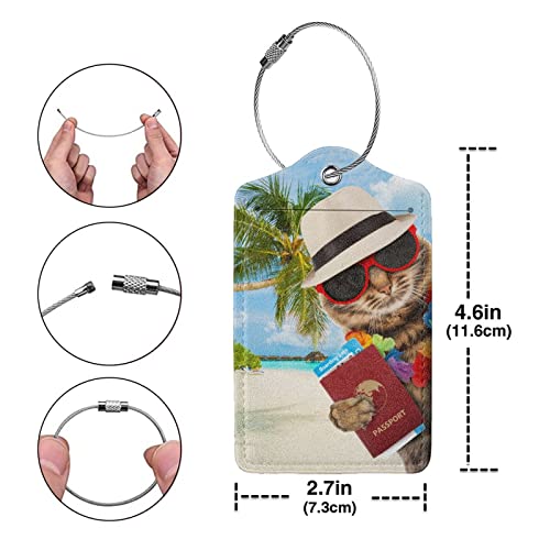 FATTTYCY Cat with Passport Tropical Tree Luggage Tags Set of 2 Leather Luggage Tags Privacy Cover Suitcase Label with Stainless Steel Loop for Women Men Travel - Image 3
