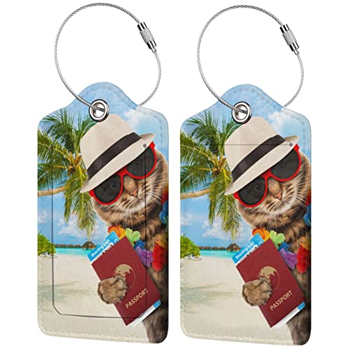 FATTTYCY Cat with Passport Tropical Tree Luggage Tags Set of 2 Leather Luggage Tags Privacy Cover Suitcase Label with Stainless Steel Loop for Women Men Travel - Image 1