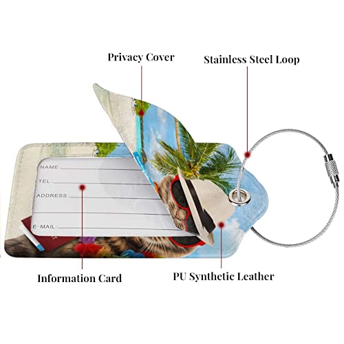 FATTTYCY Cat with Passport Tropical Tree Luggage Tags Set of 2 Leather Luggage Tags Privacy Cover Suitcase Label with Stainless Steel Loop for Women Men Travel - Image 4