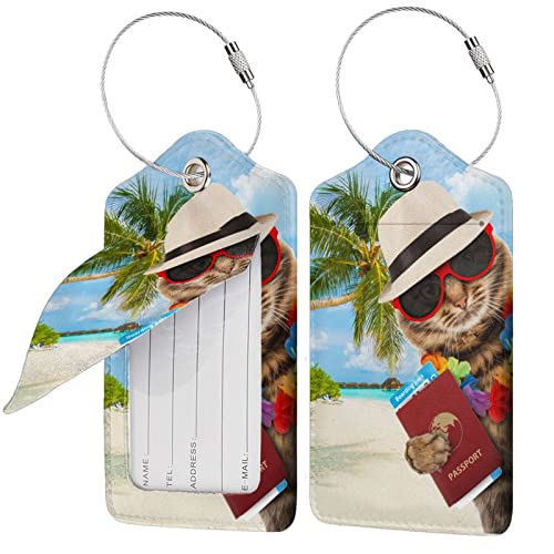 FATTTYCY Cat with Passport Tropical Tree Luggage Tags Set of 2 Leather Luggage Tags Privacy Cover Suitcase Label with Stainless Steel Loop for Women Men Travel - Image 2