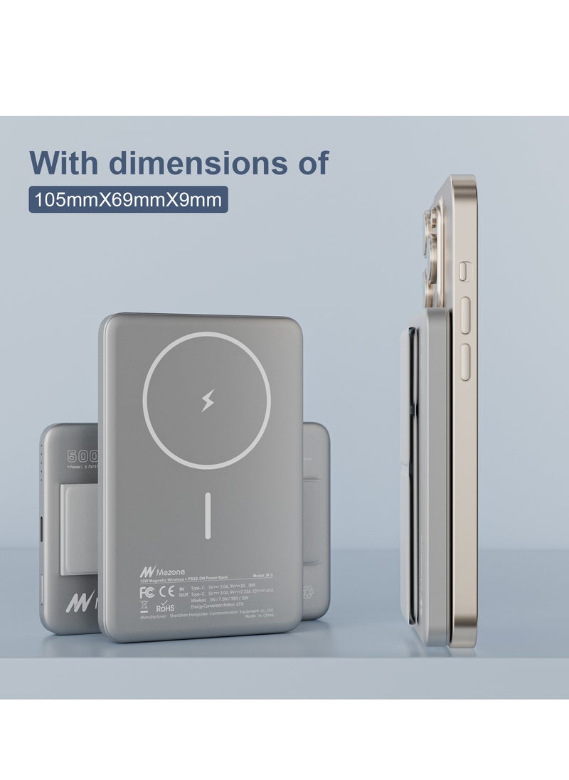 Mezone - 5000mAh Magnetic Powerbank, Wireless Portable Charger Fast Charging, PD 22.5W Wired Charging, iPhone Magnetic Charger Battery Pack for iPhone 15/14/13/12 Series, Metallic Space Grey - Image 1
