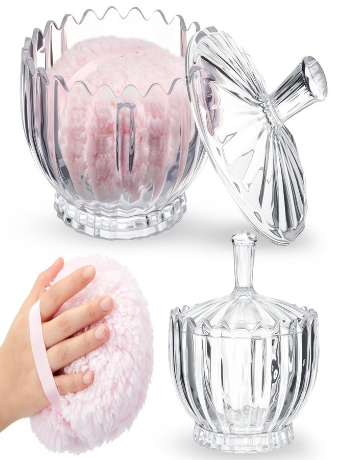 Tioncy 2 Pcs Extra Large Dusting Powder Puff and Container for Women-5.43'' Glass Crystal Dusting Powder Container with 5.91'' Body Soft Washable Reusable Velour Face(Clear,Scalloped) - Image 1