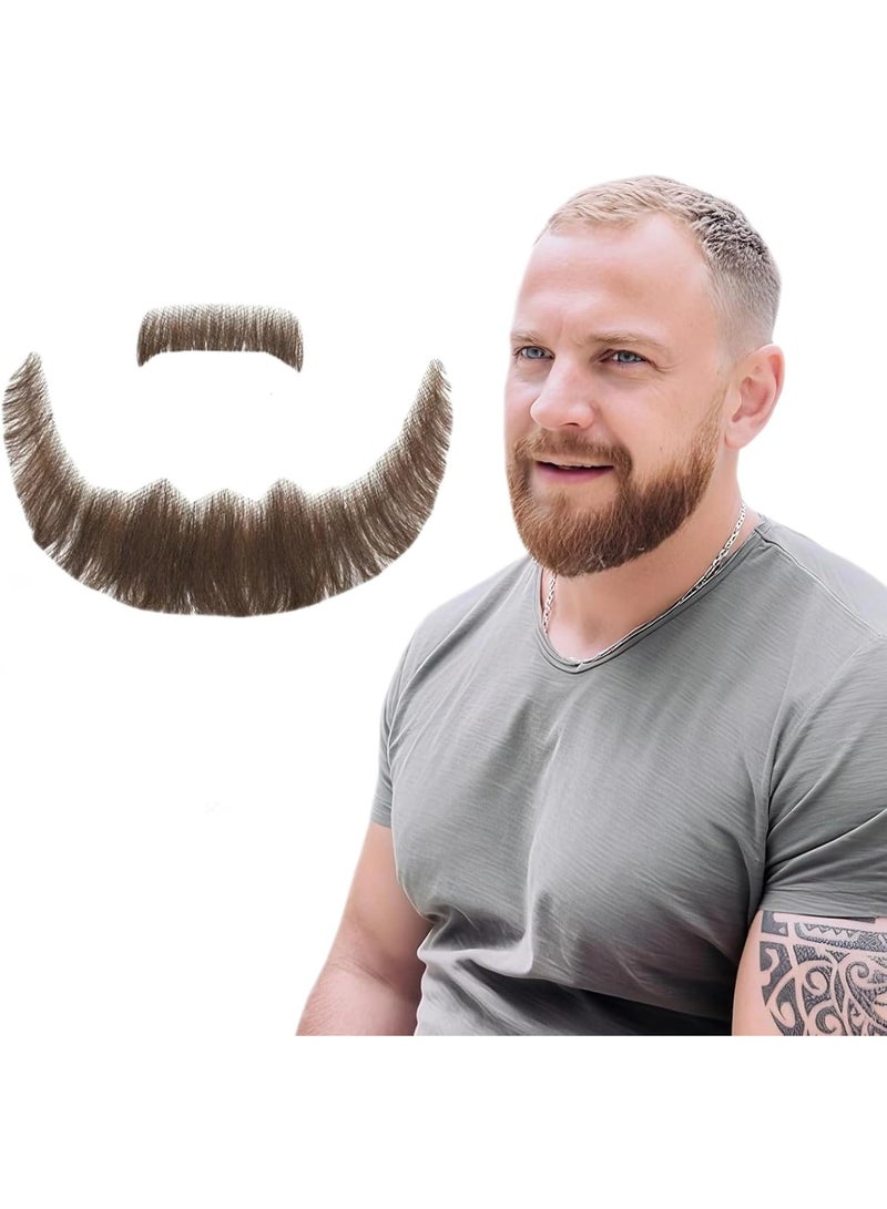 ShineDown Fake Mustache Handmade with Human Hair, Fake Full Beard Style with Larger Size and Fuller Look, Realistic Moustache with Soft Invisible Mesh for Costumes, Cosplay or Themed Parties - Image 1