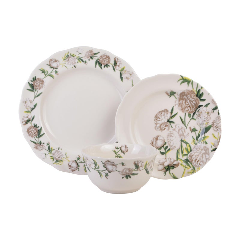 222 Fifth Luxe Peony Neutral Porcelain 12-Piece Dinnerware Set â€“ Service for 4, Includes Dinner Plates, Salad Plates & Cereal Bowls, Glossy Finish, Dishwasher Safe, for Daily Dining & Entertainment - Image 2