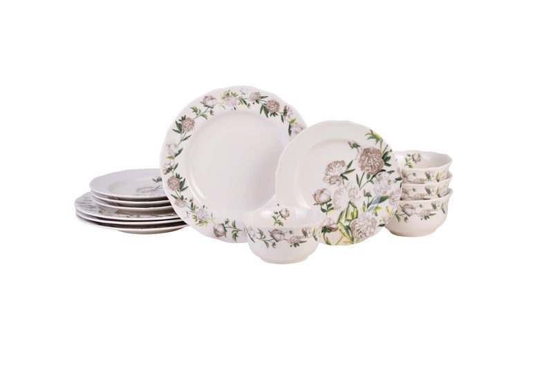 222 Fifth Luxe Peony Neutral Porcelain 12-Piece Dinnerware Set â€“ Service for 4, Includes Dinner Plates, Salad Plates & Cereal Bowls, Glossy Finish, Dishwasher Safe, for Daily Dining & Entertainment - Image 1