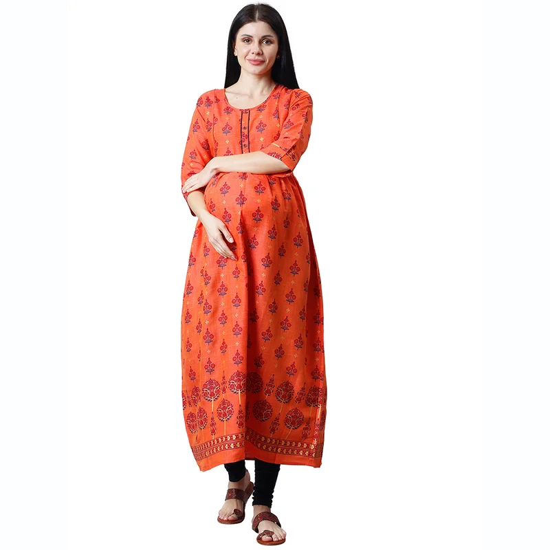 Women's Cotton Rayon Flaired Maternity Dress Feeding Kurti with Zippers