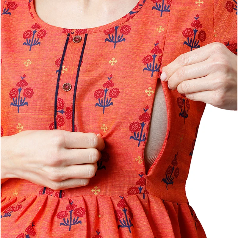 CEE 18 Women's Cotton Rayon Flaired Maternity Dress Feeding Kurti with Zippers